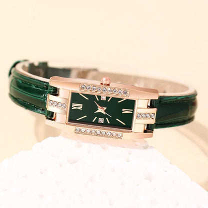 ساعة كوارتز جلدية فاخرة من الجلد - ألماس أخضر