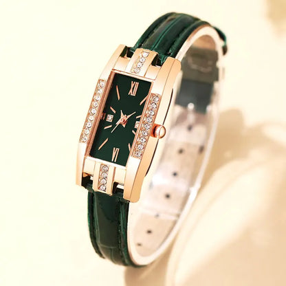 ساعة كوارتز جلدية فاخرة من الجلد - ألماس أخضر